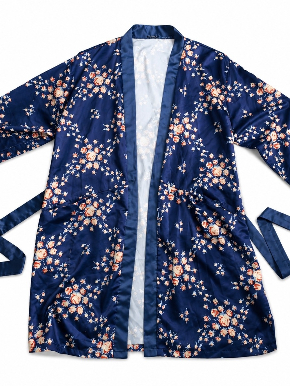 Morgan Lane x FabFitFun Womens Navy Floral Satin Kimono Robe Belted